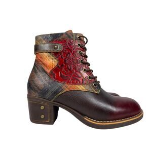 L'Artiste Spring Step Harmonic Boots Women 7.5-8 EU 38 Floral Plaid‎ Leather Zip